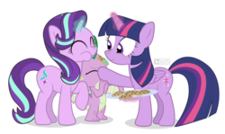 Size: 1000x595 | Tagged: safe, artist:dm29, spike, starlight glimmer, twilight sparkle, alicorn, dragon, pony, unicorn, g4, chocolate chip cookie, cookie, eating, female, food, glowing horn, horn, magic, male, mare, simple background, telekinesis, transparent background, twilight sparkle (alicorn), winged spike, wings