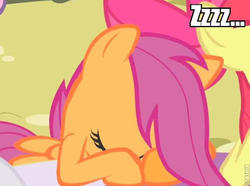 Size: 512x380 | Tagged: safe, edit, edited screencap, screencap, apple bloom, scootaloo, g4, cute, cutealoo, sleeping, solo focus, zzz