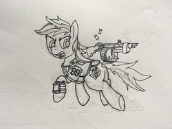 Size: 4032x3024 | Tagged: safe, artist:1438, oc, oc only, oc:blackjack, pony, unicorn, fallout equestria, fallout equestria: project horizons, combat shotgun, fanfic art, female, mare, simple background, solo, traditional art, wip