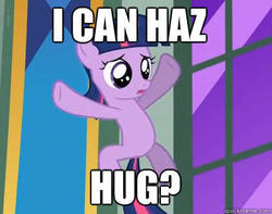 Size: 404x319 | Tagged: safe, edit, edited screencap, screencap, twilight sparkle, pony, unicorn, g4, the cutie mark chronicles, cute, female, filly, filly twilight sparkle, hug request, i can has, image macro, meme, solo, twiabetes, younger