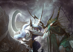 Size: 2198x1578 | Tagged: safe, artist:begasus, nightmare moon, queen chrysalis, alicorn, changeling, changeling queen, pony, g4, armor, female, lesbian, mare, ship:chrysmoon, shipping, smiling