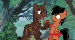 Size: 2448x1289 | Tagged: safe, artist:jadedapegasus, edit, edited screencap, screencap, earth pony, original species, pony, python, snake, snake pony, unicorn, g4, 1000 hours in ms paint, angry, bald, base used, coconut, crossover, disney, food, green eyes, holding hooves, imminent vore, jungle, kaa, male, mowgli, multicolored eyes, ponified, snek, the jungle book, tree branch