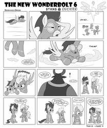 Size: 1600x1917 | Tagged: safe, artist:marmorexx, fleetfoot, high winds, lord tirek, soarin', spitfire, surprise, pony, comic:the new wonderbolt, g4, comic, exclamation point, goggles, monochrome
