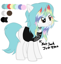 Size: 1283x1358 | Tagged: safe, artist:magicdarkart, artist:space--paws0w0, oc, oc only, oc:dawn (ice1517), earth pony, pony, choker, clothes, dyed hair, dyed mane, emo, female, mare, reference sheet, shirt, simple background, solo, t-shirt, transparent background, watermark