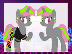 Size: 1000x743 | Tagged: safe, artist:dooradopt, oc, oc only, oc:neon rave (ice1517), pony, unicorn, bracelet, clothes, contact lens, ear piercing, earring, female, heterochromia, jewelry, mare, pants, piercing, shirt, solo, sweatpants, t-shirt