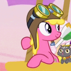Size: 353x351 | Tagged: safe, screencap, cherry berry, cat, earth pony, pony, g4, grannies gone wild, animated, aviator hat, balloon, cherrybetes, cute, female, gif, goggles, hot air balloon, mare