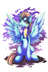 Size: 2027x3000 | Tagged: safe, artist:dragonataxia, lightning dust, pegasus, pony, g4, clothes, female, goggles, grin, high res, mare, simple background, smiling, solo, spread wings, transparent background, uniform, wings, wonderbolt trainee uniform