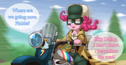 Size: 1500x765 | Tagged: safe, artist:vavacung, pinkie pie, rainbow dash, pony, g4, clothes, dialogue, female, inanimate tf, kino no tabi: the beautiful world, mare, motorcycle, objectification, smiling, speech bubble, transformation