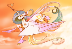 Size: 1500x1027 | Tagged: safe, artist:probablyfakeblonde, princess celestia, alicorn, pony, g4, cloven hooves, female, flying, horn, horn jewelry, jewelry, leonine tail, lidded eyes, mare, sky, solo, unshorn fetlocks