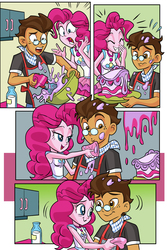 Size: 1710x2554 | Tagged: safe, artist:art-2u, pinkie pie, oc, oc:copper plume, comic:the copperpie chronicles, comic:the copperpie chronicles - sweet craving, equestria girls, equestria girls series, g4, apron, baking, blushing, cake, canon x oc, clothes, comic, commission, commissioner:imperfectxiii, copperpie, female, food, freckles, glasses, kitchen, male, mixer, neckerchief, shirt, smiling, straight