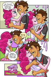Size: 1710x2554 | Tagged: safe, artist:art-2u, pinkie pie, oc, oc:copper plume, comic:the copperpie chronicles, comic:the copperpie chronicles - sweet craving, equestria girls, equestria girls series, apron, blushing, cake, canon x oc, clothes, comic, commission, commissioner:imperfectxiii, copperpie, female, food, freckles, glasses, kissing, kitchen, male, neckerchief, shirt, smiling, straight, text