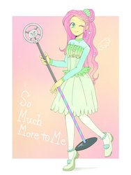 Size: 768x1024 | Tagged: safe, artist:kagitsuki, fluttershy, equestria girls, g4, my little pony equestria girls: better together, so much more to me, clothes, female, microphone, one eye closed, pantyhose, shoes, skirt, solo, wink