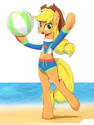 Size: 768x1024 | Tagged: safe, artist:kagitsuki, applejack, earth pony, pony, equestria girls, g4, my little pony equestria girls: better together, beach, beach ball, bipedal, clothes, equestria girls outfit, female, looking at you, mare, scenery, swimsuit, water