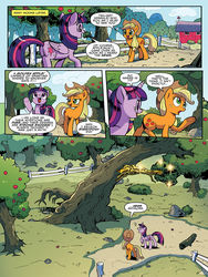 Size: 768x1024 | Tagged: safe, artist:pencils, idw, official comic, applejack, twilight sparkle, alicorn, earth pony, pony, friendship is magic #69, g4, spoiler:comic, apple orchard, apple tree, comic, duo, female, mare, preview, speech bubble, tree, twilight sparkle (alicorn)