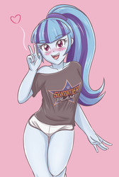 Size: 2244x3341 | Tagged: safe, artist:sumin6301, sonata dusk, equestria girls, g4, blushing, clothes, cute, heart, high res, open mouth, peace sign, pink background, shirt, shorts, simple background, sonatabetes, wwe