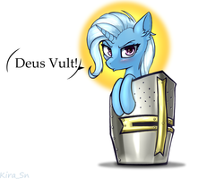 Size: 2500x2000 | Tagged: safe, artist:kirasunnight, trixie, pony, unicorn, g4, deus vult, female, helmet, high res, looking at you, mare, solo, sun