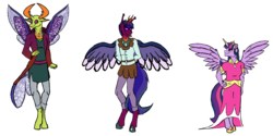 Size: 1800x900 | Tagged: safe, artist:percy-mcmurphy, thorax, twilight sparkle, oc, oc:alistair, alicorn, changedling, changeling, changepony, hybrid, anthro, unguligrade anthro, g4, antennae, antlers, clothes, colored sclera, crown, dress, female, hoof shoes, horn, insect wings, interspecies offspring, jewelry, king thorax, male, next generation, offspring, parent:thorax, parent:twilight sparkle, parents:twirax, regalia, shipping, simple background, size difference, smiling, straight, tongue out, transparent background, trio, twilight sparkle (alicorn), twirax, wings