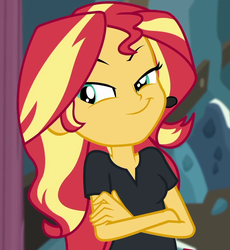 Size: 953x1036 | Tagged: safe, screencap, sunset shimmer, all the world's off stage, equestria girls, equestria girls series, g4, all the world's off stage: twilight sparkle, cropped, faic, smug, smugset shimmer