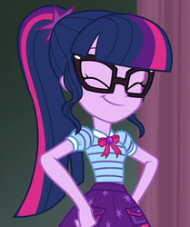 Size: 747x892 | Tagged: safe, screencap, sci-twi, twilight sparkle, all the world's off stage, all the world's off stage: twilight sparkle, equestria girls, g4, my little pony equestria girls: better together, ^^, clothes, cropped, cute, eyes closed, female, geode of telekinesis, glasses, hand on hip, happy, jewelry, pendant, pockets, polo shirt, ponytail, sci-twi's better together outfit, skirt, smiling, solo, twiabetes