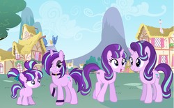 Size: 1280x793 | Tagged: safe, artist:illumnious, artist:slb94, starlight glimmer, pony, unicorn, g4, alternate hairstyle, cute, cutie mark, equal cutie mark, evolution, eyeshadow, female, filly, filly starlight glimmer, horn, lidded eyes, makeup, mare, pigtails, raised hoof, self ponidox, teenage glimmer, teenager, younger