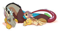 Size: 1384x737 | Tagged: safe, artist:rrusha, discord, oc, oc:ellen, draconequus, hybrid, g4, father and daughter, female, interspecies offspring, male, offspring, parent:discord, parent:fluttershy, parents:discoshy, simple background, white background