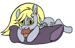 Size: 1000x646 | Tagged: safe, artist:icicle-niceicle-1517, artist:sepiakeys, color edit, edit, derpy hooves, pegasus, pony, g4, colored, eyeshadow, female, food, makeup, mare, muffin, nom, pillow, simple background, solo, white background