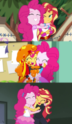 Size: 1220x2076 | Tagged: safe, edit, screencap, pinkie pie, sunset shimmer, all the world's off stage, all the world's off stage: pinkie pie, equestria girls, g4, my little pony equestria girls: better together, my little pony equestria girls: legend of everfree, my little pony equestria girls: summertime shorts, the art of friendship, clothes, cute, diapinkes, duo, eyes closed, female, geode of sugar bombs, happy, hug, magical geodes, paint, shimmerbetes, shipping fuel, smiling