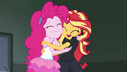 Size: 1920x1080 | Tagged: safe, screencap, pinkie pie, sunset shimmer, all the world's off stage, all the world's off stage: pinkie pie, equestria girls, g4, my little pony equestria girls: better together, clothes, cute, diapinkes, duo, eyes closed, female, geode of sugar bombs, hug, magical geodes, shimmerbetes, shipping fuel, smiling
