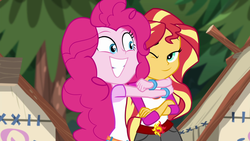 Size: 1920x1080 | Tagged: safe, screencap, pinkie pie, sunset shimmer, equestria girls, g4, my little pony equestria girls: legend of everfree, crossed arms, duo, grin, hug, one eye closed, smiling