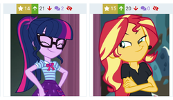 Size: 758x440 | Tagged: safe, edit, edited screencap, screencap, sci-twi, sunset shimmer, twilight sparkle, derpibooru, all the world's off stage, all the world's off stage: twilight sparkle, equestria girls, g4, my little pony equestria girls: better together, female, geode of telekinesis, glasses, juxtaposition, meta, ponytail, smiling