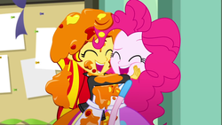 Size: 1920x1080 | Tagged: safe, screencap, pinkie pie, sunset shimmer, eqg summertime shorts, equestria girls, g4, the art of friendship, apron, cheek squish, clothes, cute, duo, hug, laughing, paint, squishy cheeks