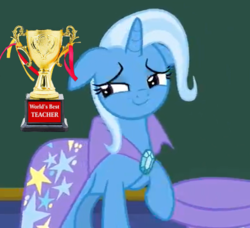 Size: 516x470 | Tagged: safe, edit, edited screencap, screencap, trixie, a matter of principals, g4, award, best pony, cape, chalkboard, clothes, cute, diatrixes, floppy ears, hat, raised hoof, smiling, teacher, trixie's cape, trixie's hat