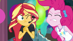 Size: 1920x1080 | Tagged: safe, screencap, pinkie pie, sunset shimmer, all the world's off stage, all the world's off stage: pinkie pie, equestria girls, g4, my little pony equestria girls: better together, angry, balloon, geode of sugar bombs, one eye closed