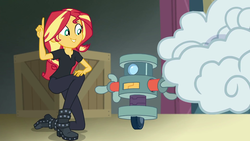Size: 1920x1080 | Tagged: safe, screencap, sunset shimmer, robot, all the world's off stage, all the world's off stage: twilight sparkle, equestria girls, g4, my little pony equestria girls: better together, box, clothes, shoes