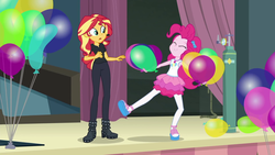 Size: 1920x1080 | Tagged: safe, screencap, pinkie pie, sunset shimmer, all the world's off stage, all the world's off stage: pinkie pie, equestria girls, g4, my little pony equestria girls: better together, balloon, geode of sugar bombs, helium tank, stage, that pony sure does love balloons