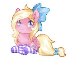 Size: 587x498 | Tagged: safe, artist:loyaldis, oc, oc only, oc:bay breeze, pegasus, pony, blushing, bow, chest fluff, chibi, clothes, cute, female, hair bow, heart eyes, mare, simple background, sitting, socks, striped socks, tail bow, transparent background, wingding eyes