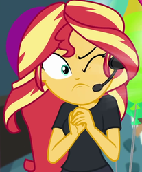 Size: 830x1001 | Tagged: safe, screencap, sunset shimmer, all the world's off stage, equestria girls, equestria girls series, g4, all the world's off stage: pinkie pie, balloon, cropped, one eye closed