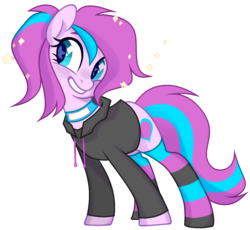 Size: 1566x1440 | Tagged: safe, artist:klewgcg, artist:unichan, oc, oc only, oc:panda shade, earth pony, pony, base used, blushing, clothes, collar, female, hoodie, mare, simple background, smiling, socks, solo, sparkles, starry eyes, striped socks, transparent background, vector, wingding eyes, ych result