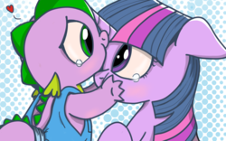 Size: 960x600 | Tagged: safe, artist:mamatwilightsparkle, spike, twilight sparkle, dragon, pony, unicorn, g4, baby, baby dragon, baby spike, crying, cute, daaaaaaaaaaaw, duo, duo male and female, female, filly, filly twilight sparkle, forehead kiss, horn, kissing, male, mama twilight, platonic kiss, spikabetes, spikelove, twiabetes, weapons-grade cute, younger