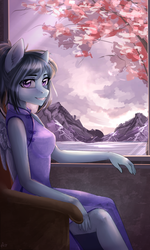Size: 900x1500 | Tagged: safe, artist:alicesmitt31, oc, oc only, oc:sorako, pegasus, anthro, anthro oc, breasts, cheongsam, cherry blossoms, clothes, female, flower, flower blossom, lake, looking at you, mare, mountain, smiling, solo, train, tree