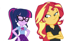 Size: 1280x720 | Tagged: safe, artist:php77, editor:php77, sci-twi, sunset shimmer, twilight sparkle, all the world's off stage, all the world's off stage: twilight sparkle, equestria girls, g4, my little pony equestria girls: better together, cute, duo, eyes closed, female, geode of telekinesis, magical geodes, shimmerbetes, simple background, smiling, smug, smugset shimmer, transparent background, twiabetes