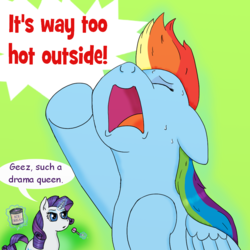 Size: 1000x1000 | Tagged: safe, artist:eulicious, rainbow dash, rarity, g4, comic, drama queen, eyes closed, floppy ears, food, green background, hypocritical humor, ice cream, irony, magic, one-panel comic, rainbowdrama, simple background, sweat
