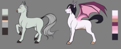 Size: 6877x2800 | Tagged: safe, artist:blackblood-queen, oc, oc only, oc:ruben bates, oc:vienna bates, bat pony, earth pony, pony, bat pony oc, fangs, female, husband and wife, male, mare, reference sheet, simple background, stallion