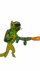 Size: 720x1280 | Tagged: safe, artist:shot387, capper dapperpaws, abyssinian, anthro, g4, my little pony: the movie, 1000 hours in ms paint, chest fluff, flamethrower, male, simple background, solo, weapon