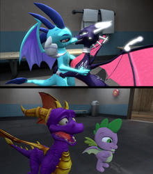 Size: 1278x1455 | Tagged: safe, artist:hedgehogninja94, princess ember, spike, dragon, g4, 3d, crossover, crossover shipping, cyndember, cynder, dragoness, female, infidelity, kissing, lesbian, lesbian in front of boys, making out, male, shipping, source filmmaker, spyro the dragon, spyro the dragon (series), the legend of spyro, winged spike, wings
