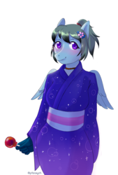 Size: 1840x2717 | Tagged: safe, artist:ptiza, oc, oc only, oc:sorako, pegasus, anthro, anthro oc, candy, clothes, female, food, kimono (clothing), lollipop, mare, purple eyes, yukata
