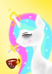 Size: 431x605 | Tagged: safe, artist:shot387, princess celestia, alicorn, pony, g4, cup, eating, female, mare, solo