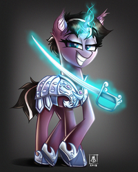 Size: 1728x2160 | Tagged: safe, artist:wildetrashbag, oc, oc only, pony, unicorn, armor, commission, crystal empire, glowing horn, gradient background, grin, hoof shoes, horn, lidded eyes, magic, smiling, solo, sword, telekinesis, weapon