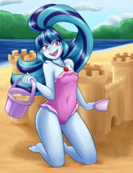 Size: 2550x3300 | Tagged: safe, artist:ambris, sonata dusk, human, equestria girls, g4, barefoot, beach, blushing, breasts, clothes, cute, digital art, feet, female, frilled swimsuit, gem, happy, high res, jewelry, looking at you, necklace, one-piece swimsuit, outdoors, pink swimsuit, sandcastle, signature, siren gem, small breasts, solo, sonatabetes, swimsuit