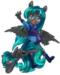 Size: 755x943 | Tagged: safe, artist:loyaldis, oc, oc only, oc:crystal song, pegasus, pony, anthro, anthro with ponies, black coat, chibi, clothes, cute, female, looking at you, pagedoll, police officer, police uniform, ponified, simple background, smiling, teal eyes, teal hair, transparent background, waving